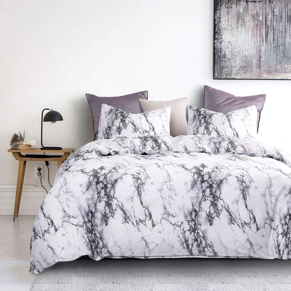Q09 - Queen White/Black Marble Design (3-Piece Set)