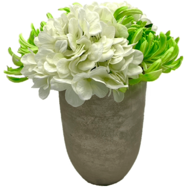 Arrangement 19 - White Hydrangeas & Green Mums in Brushed Gold Vase