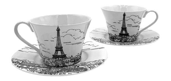 Tea Cup Set - Black and White Paris Scene (Set of 2)