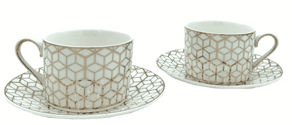 Tea Cup Set - White/Gold Geometric Pattern (Set of 2)