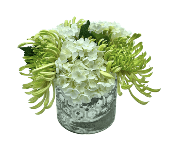 Arrangement 66 -Mums & Hydrangeas in Mercury Glass Vase
