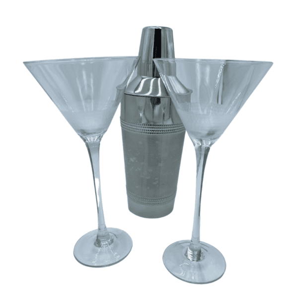 Chrome Shaker with Long Stem Martini Glasses (Set of 3)