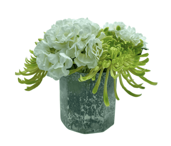 Arrangement 113 - Hydrangeas & Mums in a Mercury Glass Vase